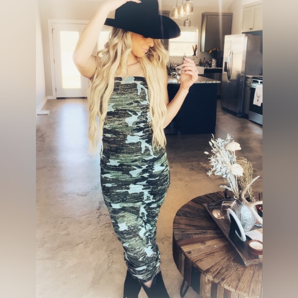 NWT Lucky & Blessed Green Camouflage Strapless Rouched Dress